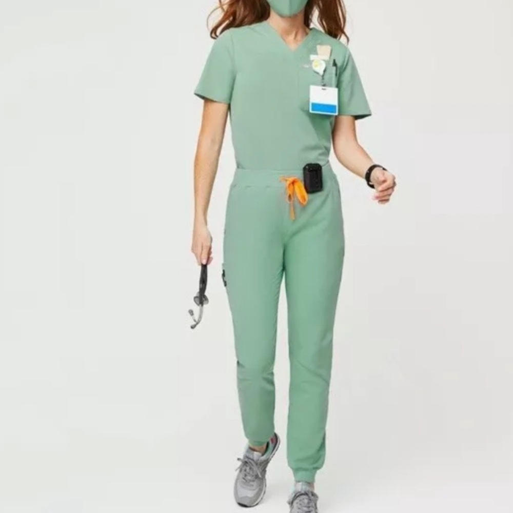 Figs Women's Short Sleeve Scrub Top in Sage Green with Orange Drawstring Accent
